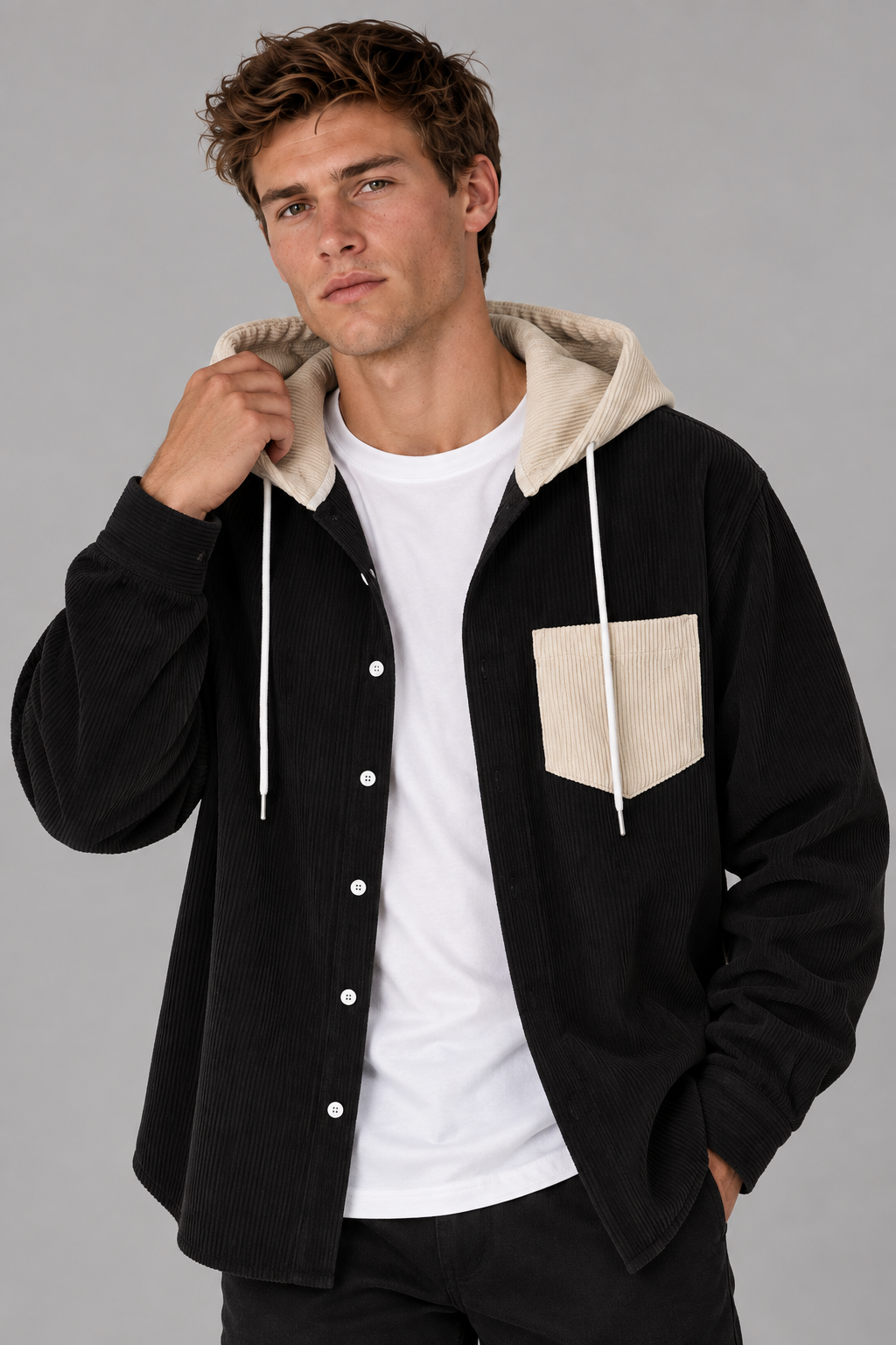 Color: Caramel | Cordjacke mit Kapuze und Kontrastdetails – Ansicht 3