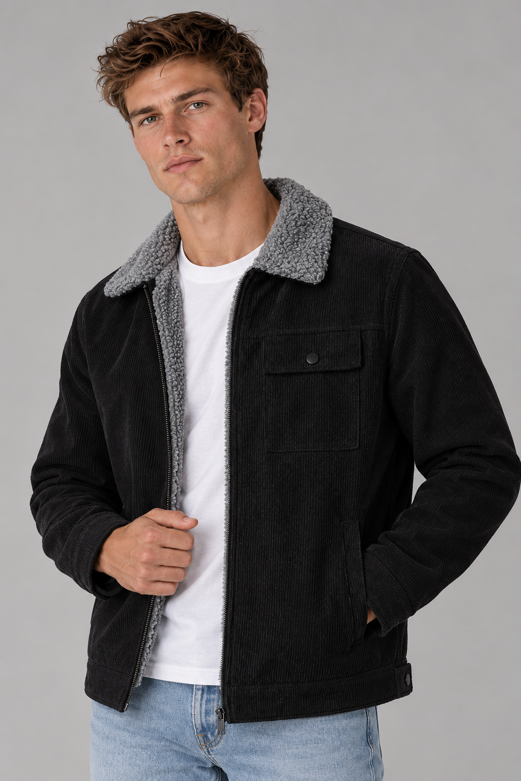 Color: Black | Gefütterte Herren Cordjacke mit Teddyfleece – Ansicht 1