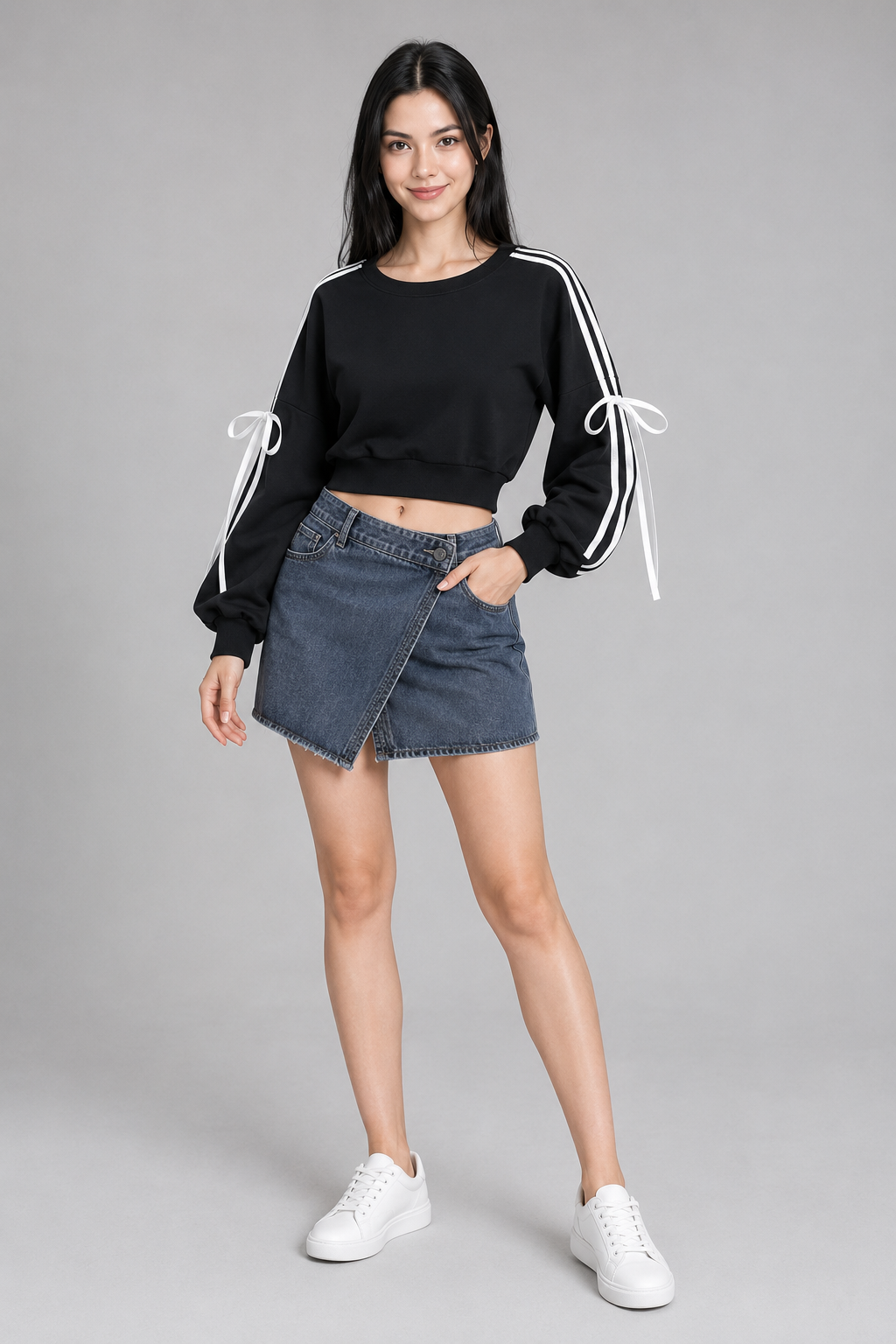 Color: Black | Kurzes Sweatshirt mit Schleifen & Kontraststreifen, photo 5