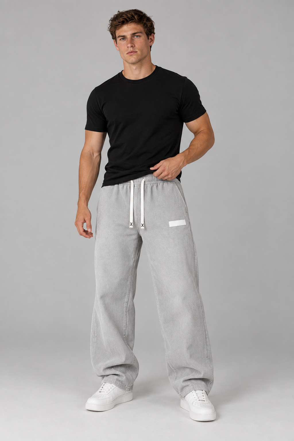 Color: Light Gray | Herren Cordhose mit weitem Bein und Kordelzug – Ansicht 3