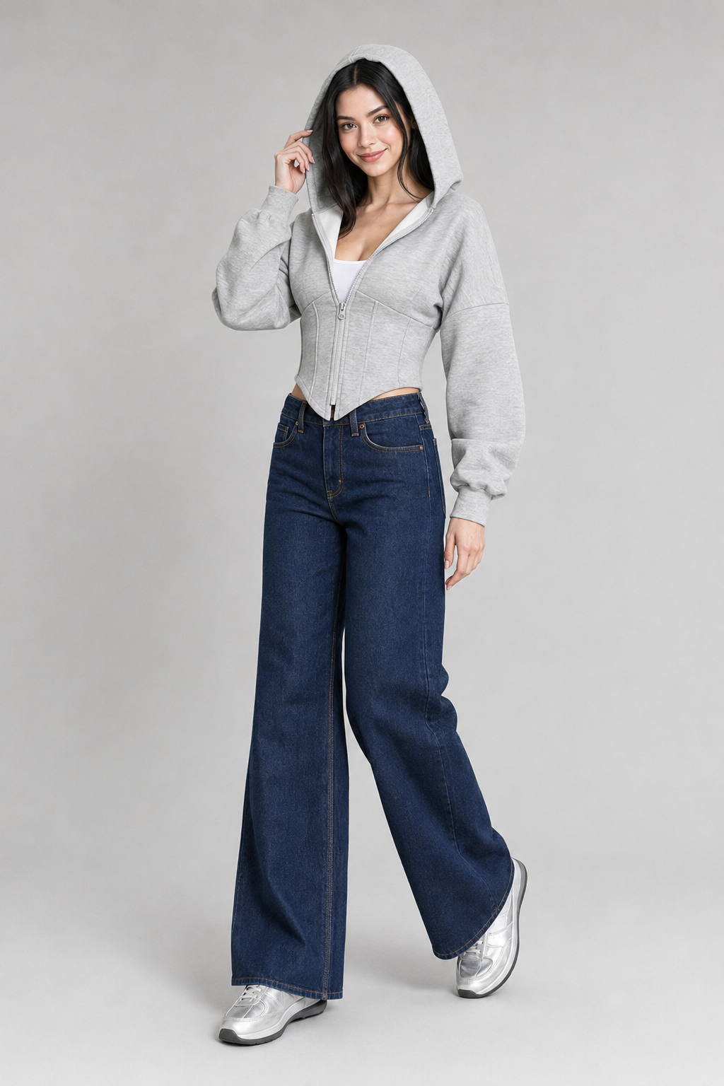 Color: Light Gray | Graue taillierte Crop-Sweatjacke mit Kapuze, photo 1