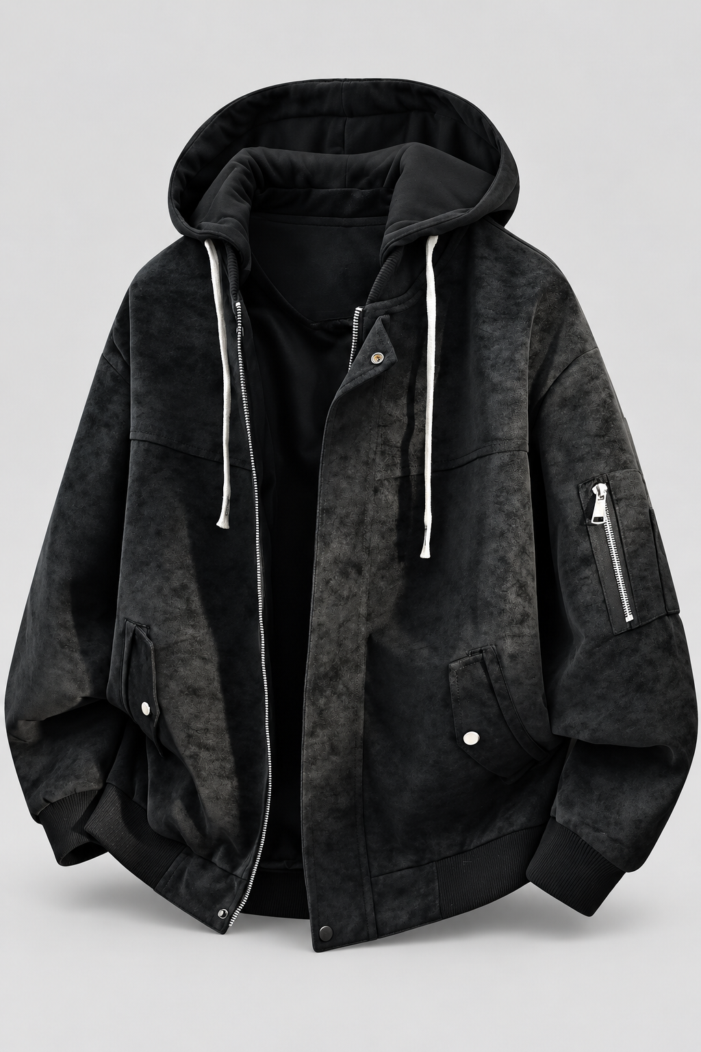 Color: Black | Oversize Jacke in Wildlederoptik mit Kapuze – Ansicht 2