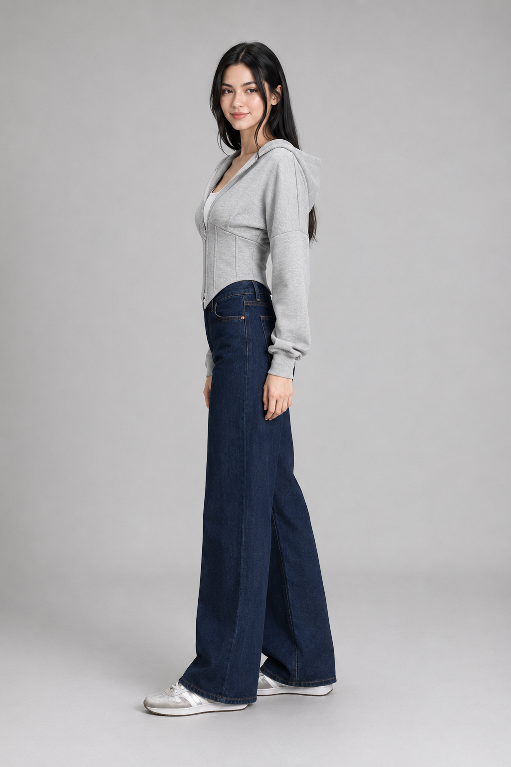 Color: Light Gray | Graue taillierte Crop-Sweatjacke mit Kapuze, photo 4