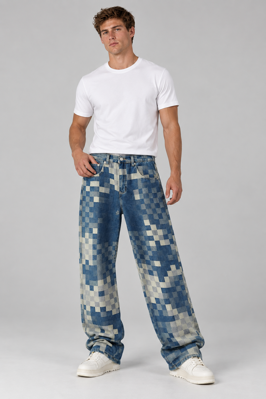 Mosaik Wide-Leg Jeans mit Waschung
