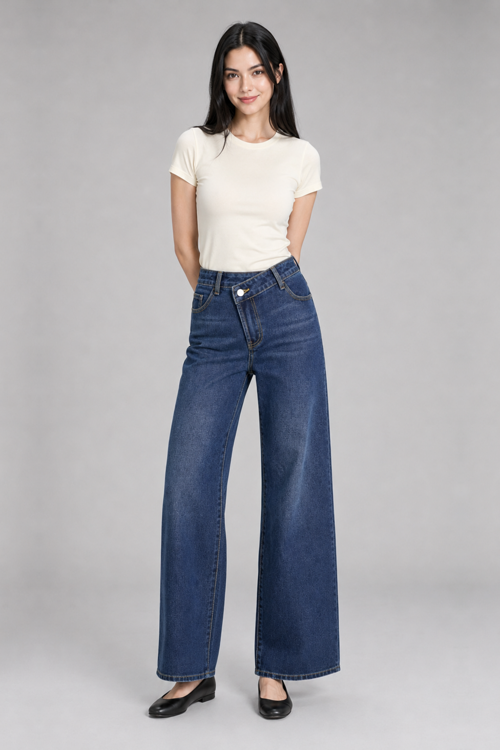 Color: Dunkelblau | Damen Wide-Leg Jeans mit asymmetrischem Bund, photo 2