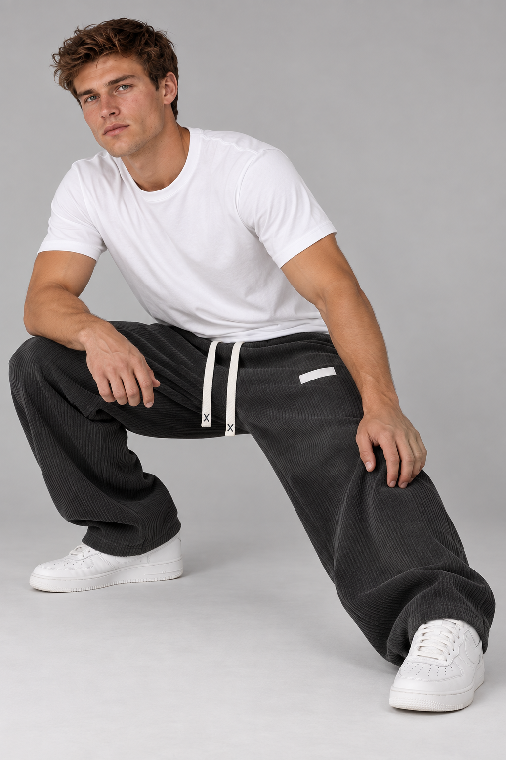 Color: Dark Gray | Herren Cordhose mit weitem Bein und Kordelzug – Ansicht 1
