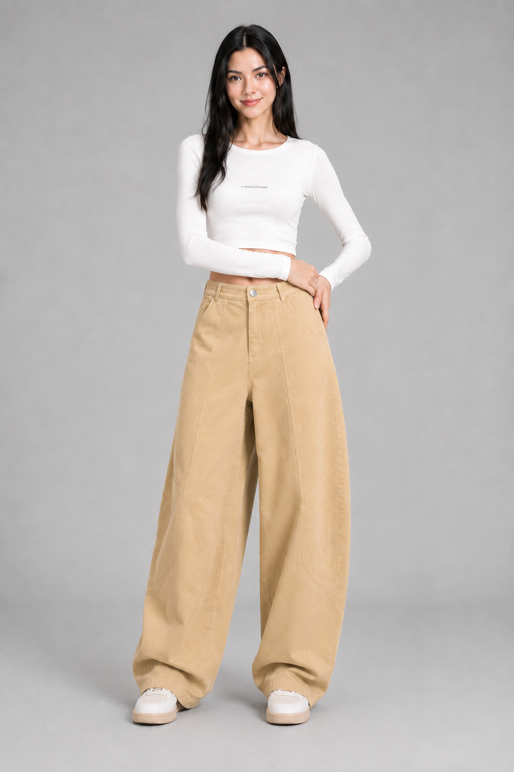 Color: Beige | Damen High-Waist Wide-Leg Hose mit geschwungenen Nähten, photo 7