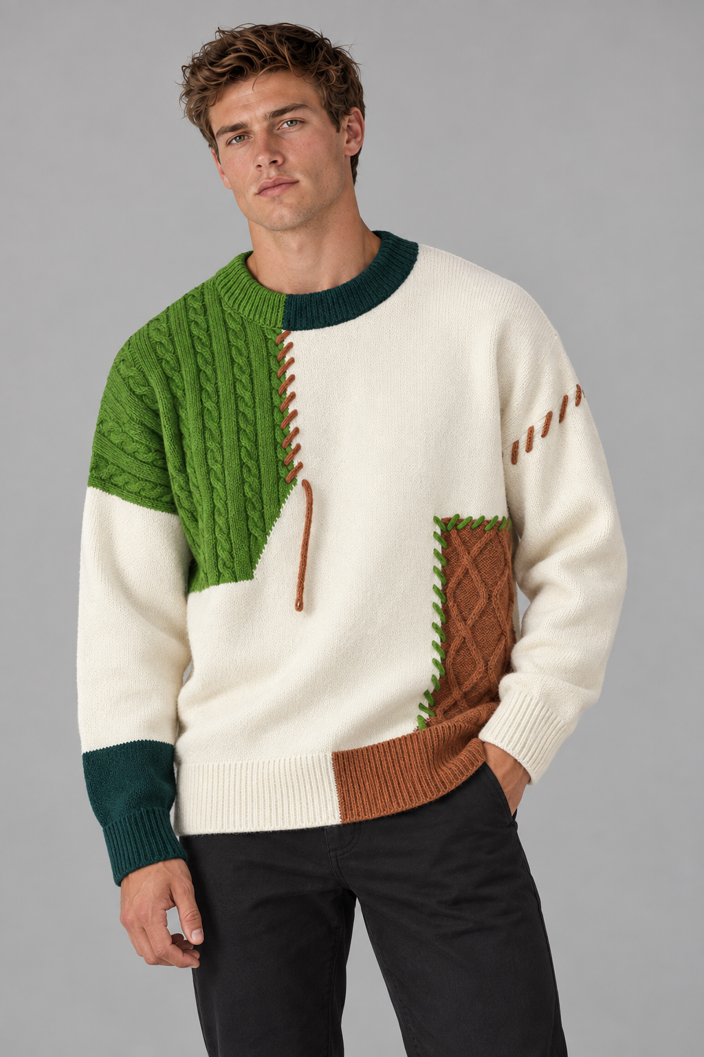 Color: Cream base | Oversize Strickpullover mit Patchwork- und Zopfmuster – Ansicht 1