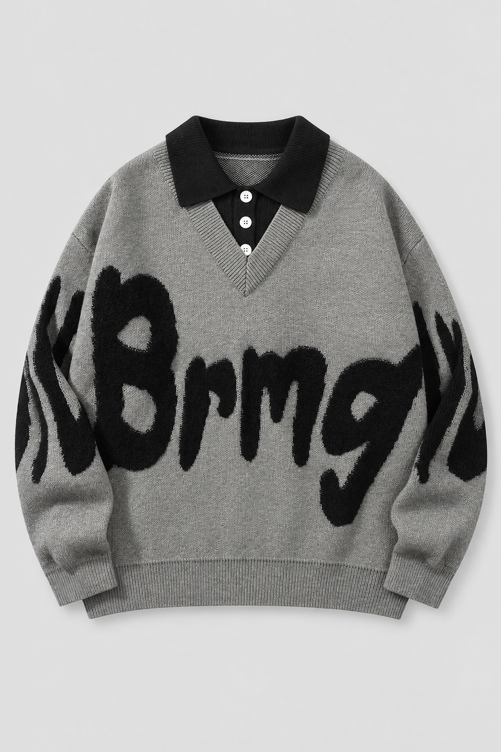 Color: Grau | Oversize Strickpullover mit Polokragen und Statement-Schriftzug – Ansicht 2