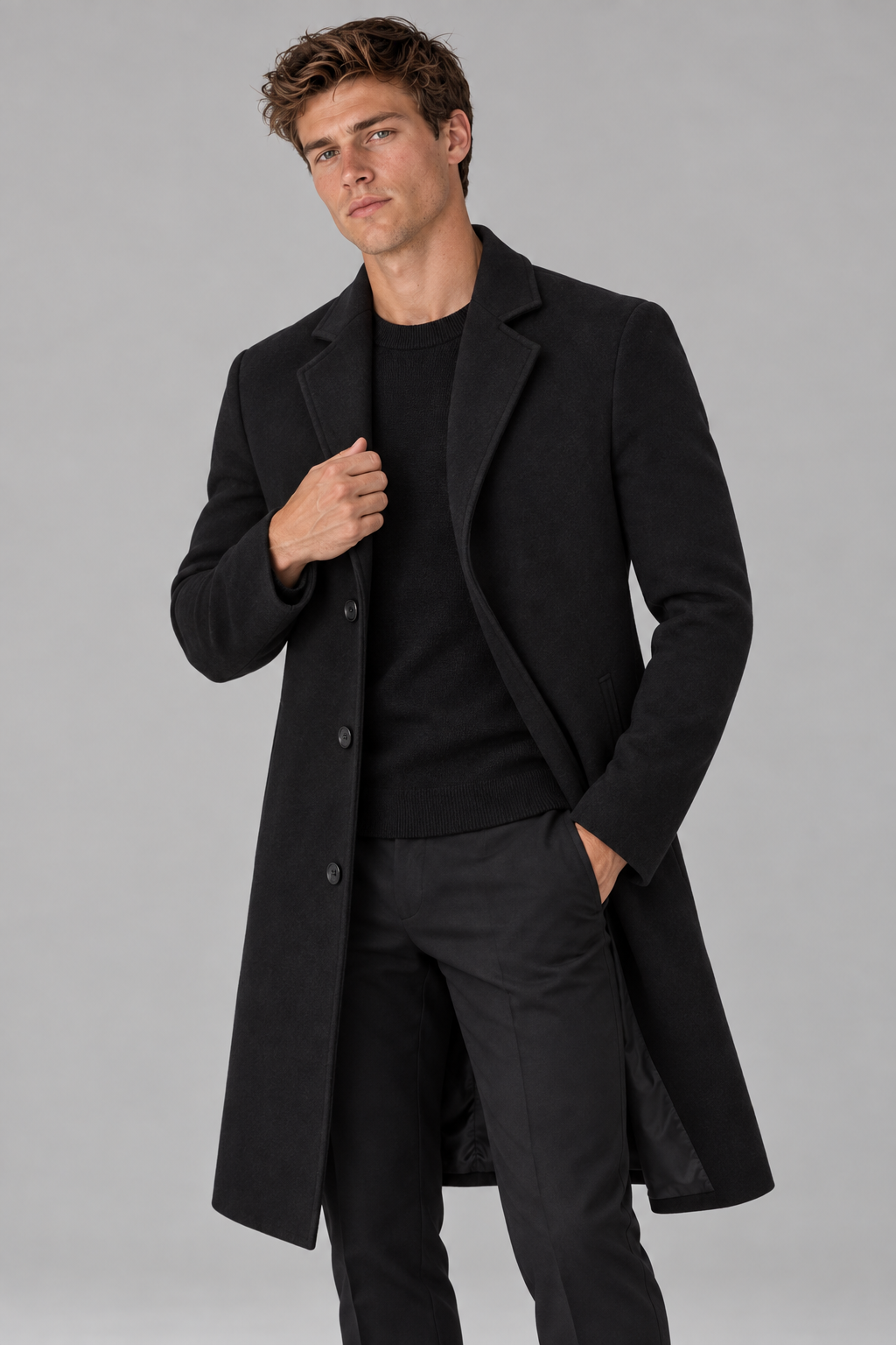 Color: Black | Herren Mantel mit Reverskragen in Slim Fit – Ansicht 1