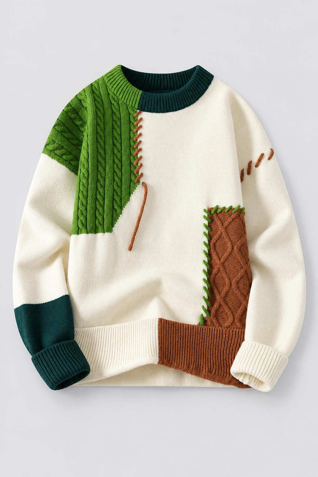 Color: Cream base | Oversize Strickpullover mit Patchwork- und Zopfmuster – Ansicht 2