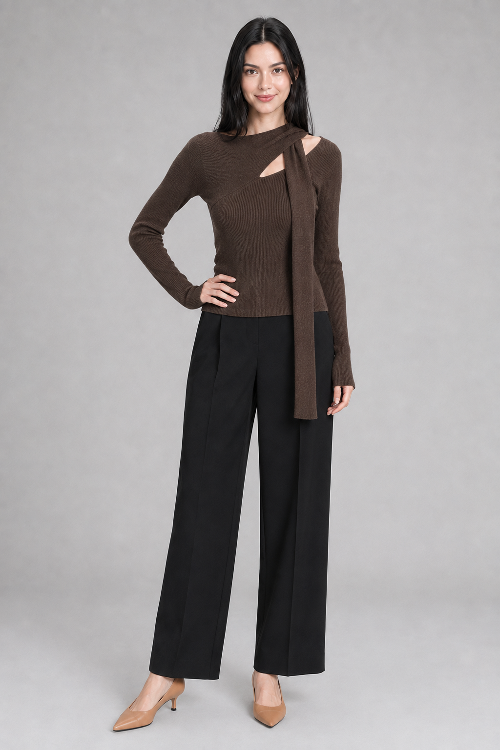 Color: Braun | Tailliertes Stricktop mit asymmetrischem Ausschnitt, photo 5
