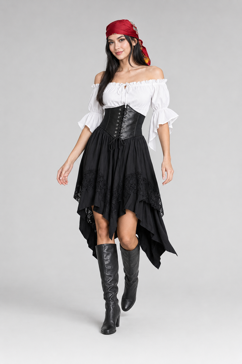 Color: White | Dreiteiliges Renaissance-Kostüm mit asymmetrischem Rock, photo 4