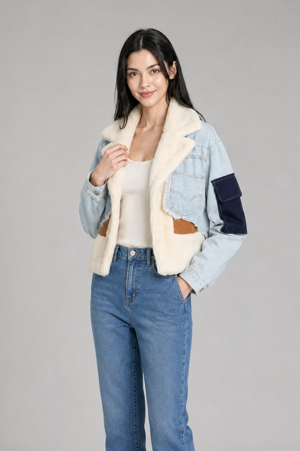 Livia | Patchwork-Jeansjacke mit Teddy-Details