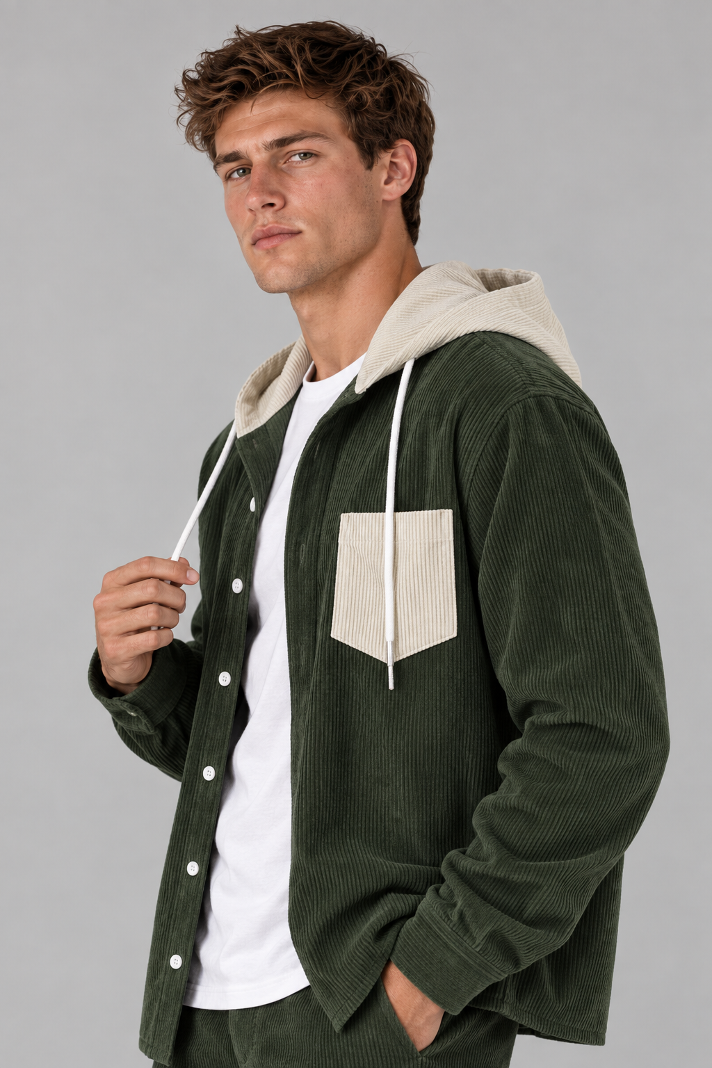 Color: Dark Green | Cordjacke mit Kapuze und Kontrastdetails – Ansicht 2