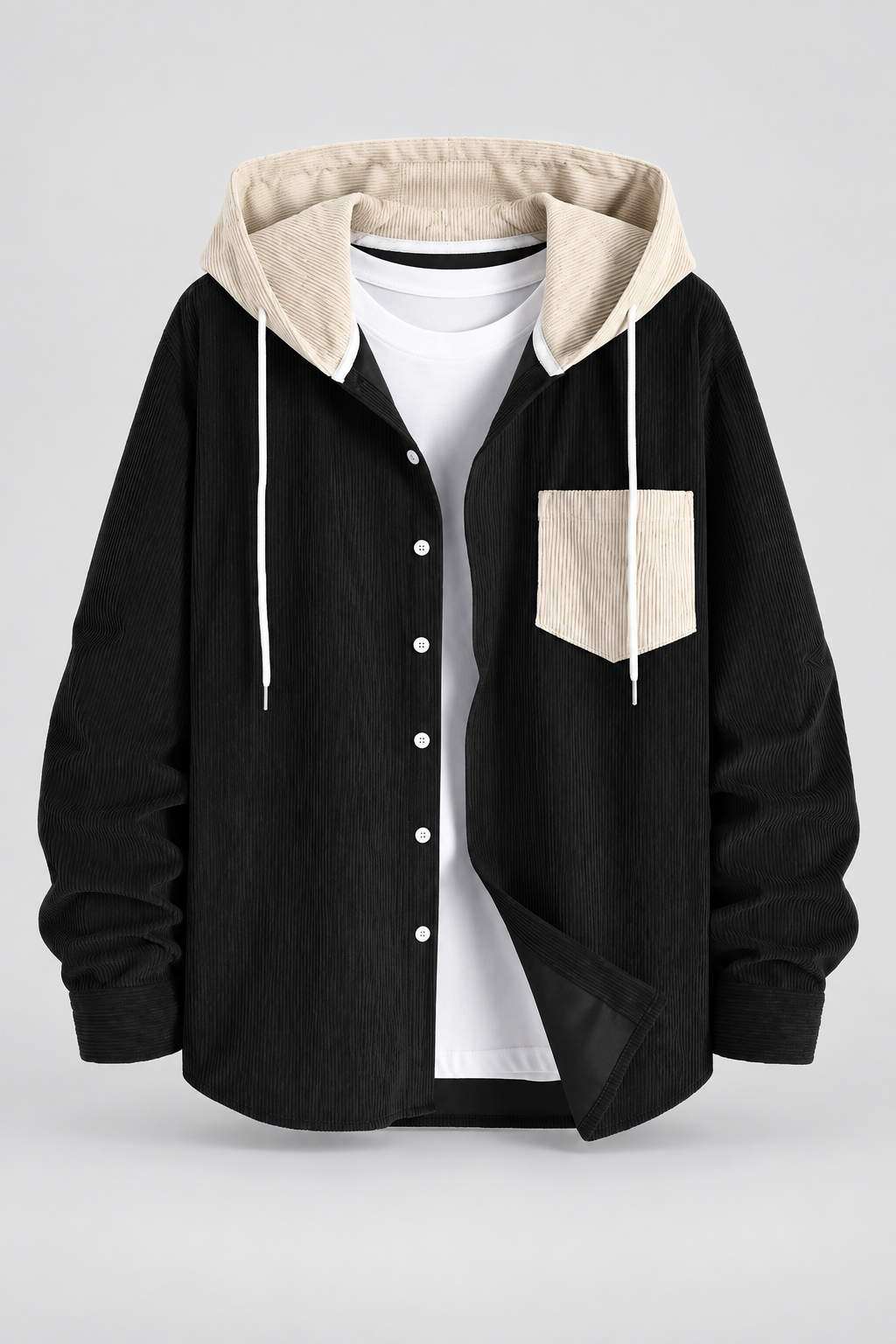 Color: Black | Cordjacke mit Kapuze und Kontrastdetails – Ansicht 1