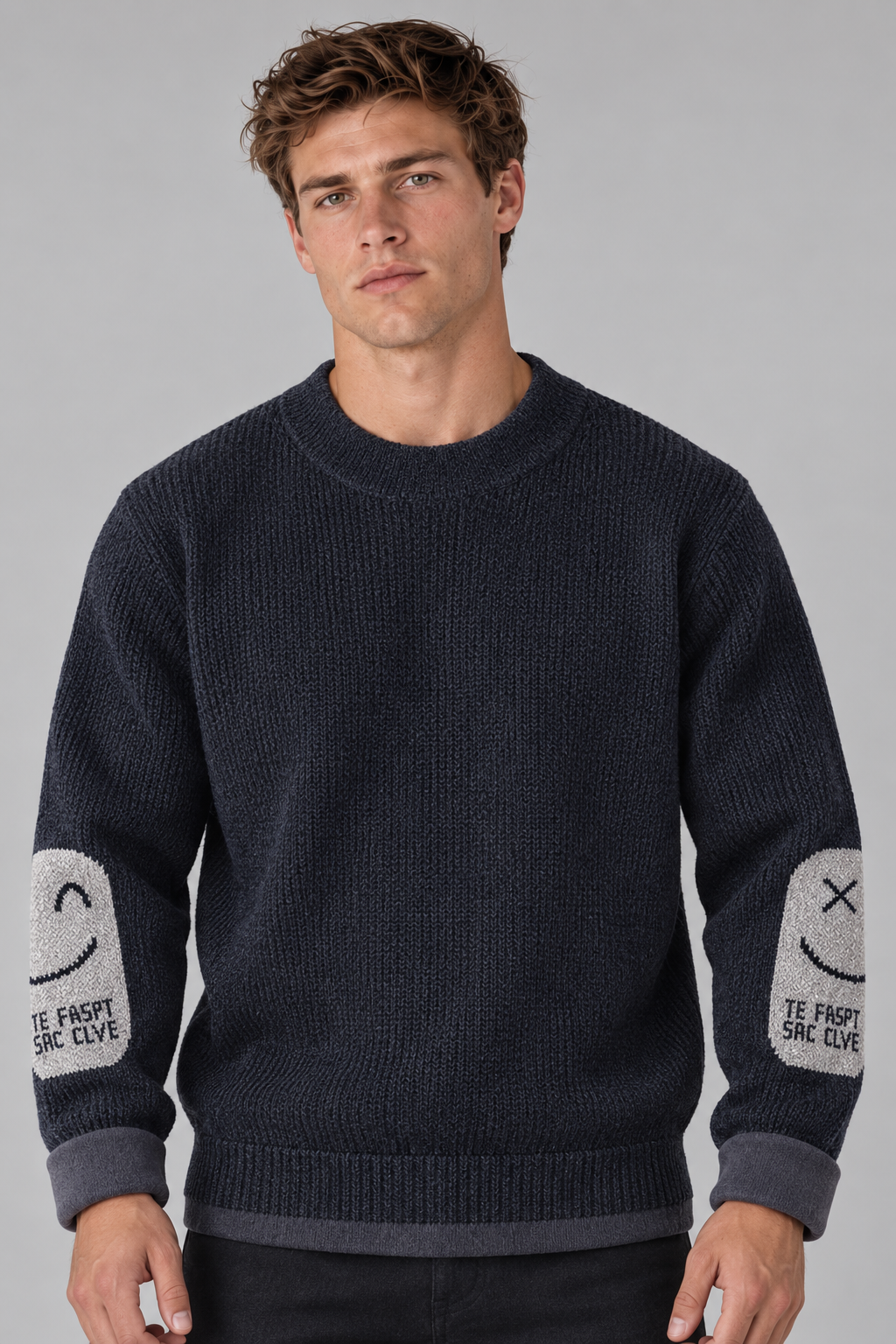 Color: Dunkelblau / Dark Navy | Gefütterter Herren Strickpullover mit Smiley-Details – Ansicht 1