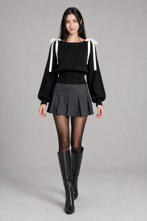 Color: Black | Cropped Strickpullover mit Schleifendetails, photo 1
