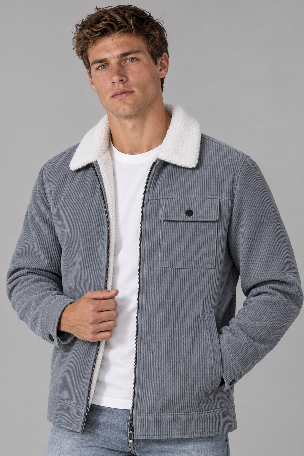 Color: Gray | Gefütterte Herren Cordjacke mit Teddyfleece – Ansicht 3