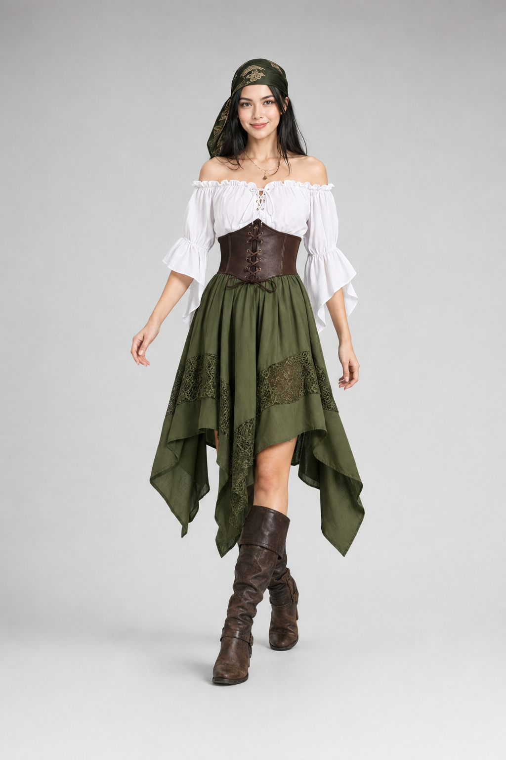 Color: Green | Dreiteiliges Renaissance-Kostüm mit asymmetrischem Rock, photo 3