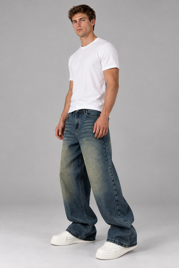 Herren Vintage Wide-Leg Jeans mit Used-Waschung