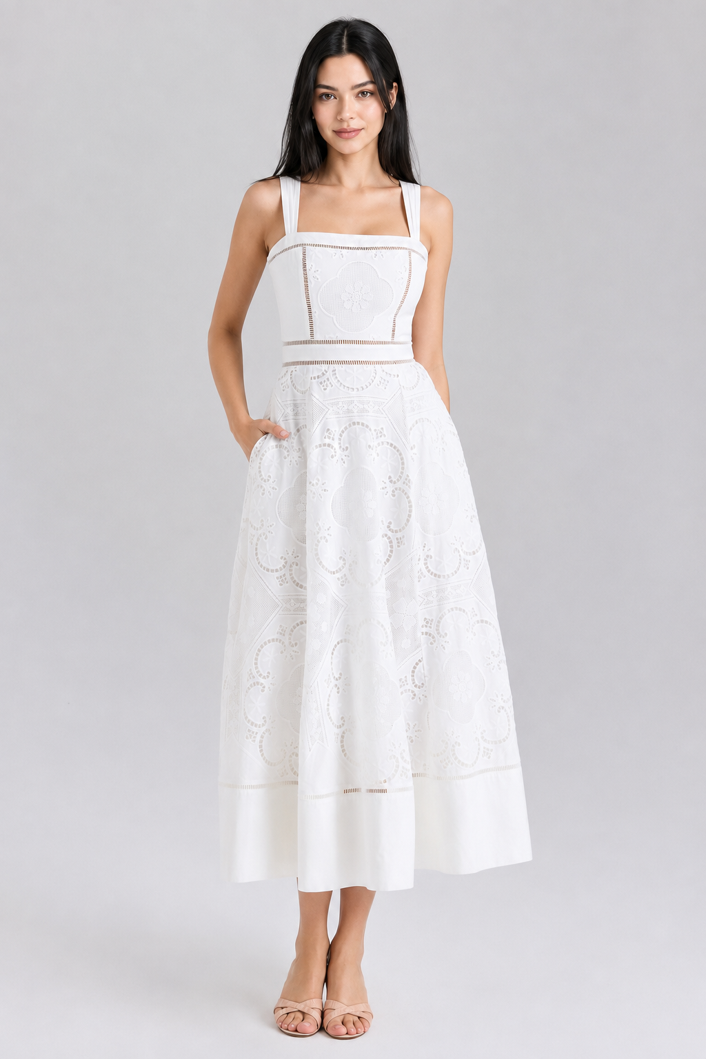 Weißes Midikleid aus Stretch-Baumwolle mit Lochstickerei