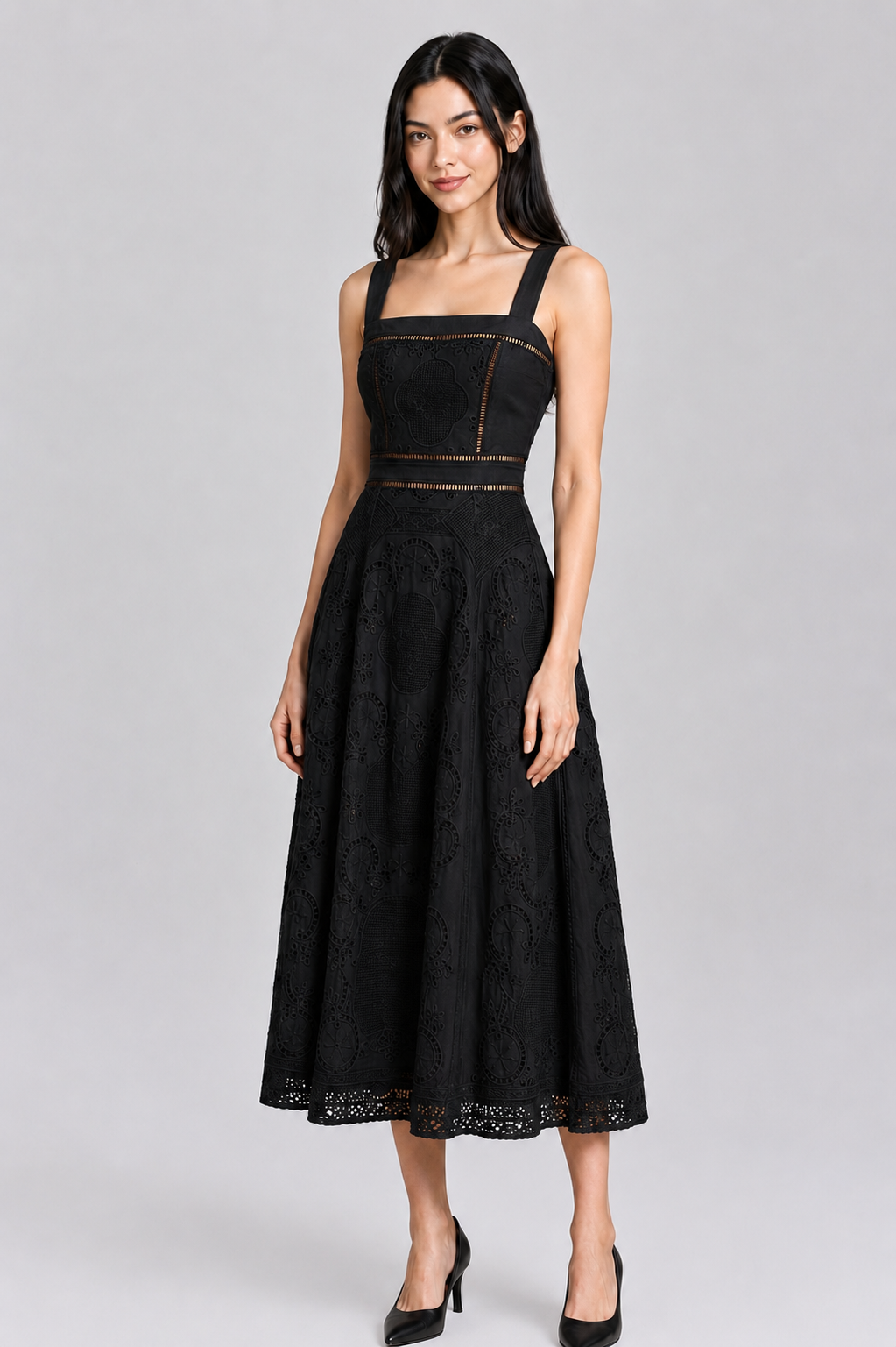 Color: Black | Schwarzes Midikleid aus Baumwolle mit platzierter Lochstickerei, photo 4