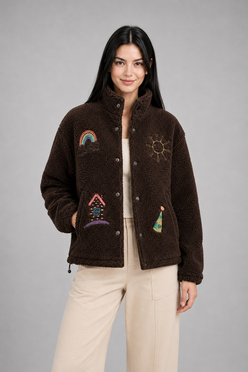 Color: Braun | Braune Teddyjacke mit verspielten Stickereien, photo 1