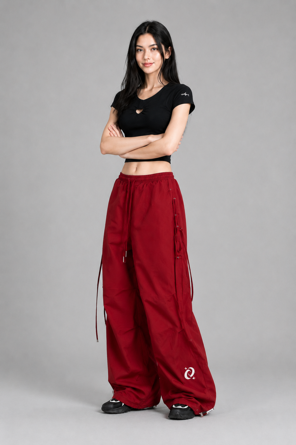 Color: Bordeauxrot | Damen Wide-Leg Parachute-Hose mit Schnürdetails, photo 1