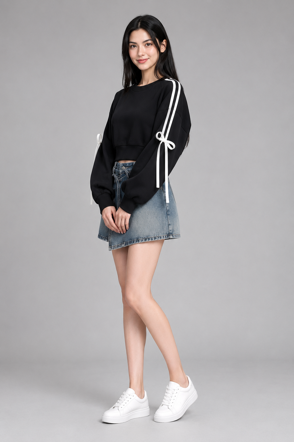 Color: Black | Kurzes Sweatshirt mit Schleifen-Details, photo 1