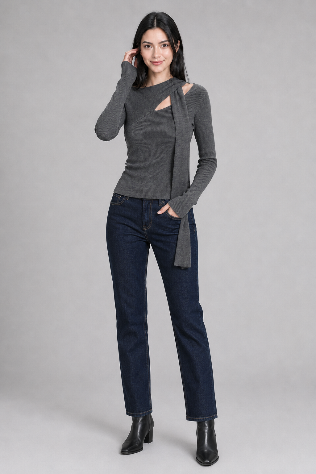 Color: Anthrazit | Tailliertes Stricktop mit asymmetrischem Ausschnitt, photo 9