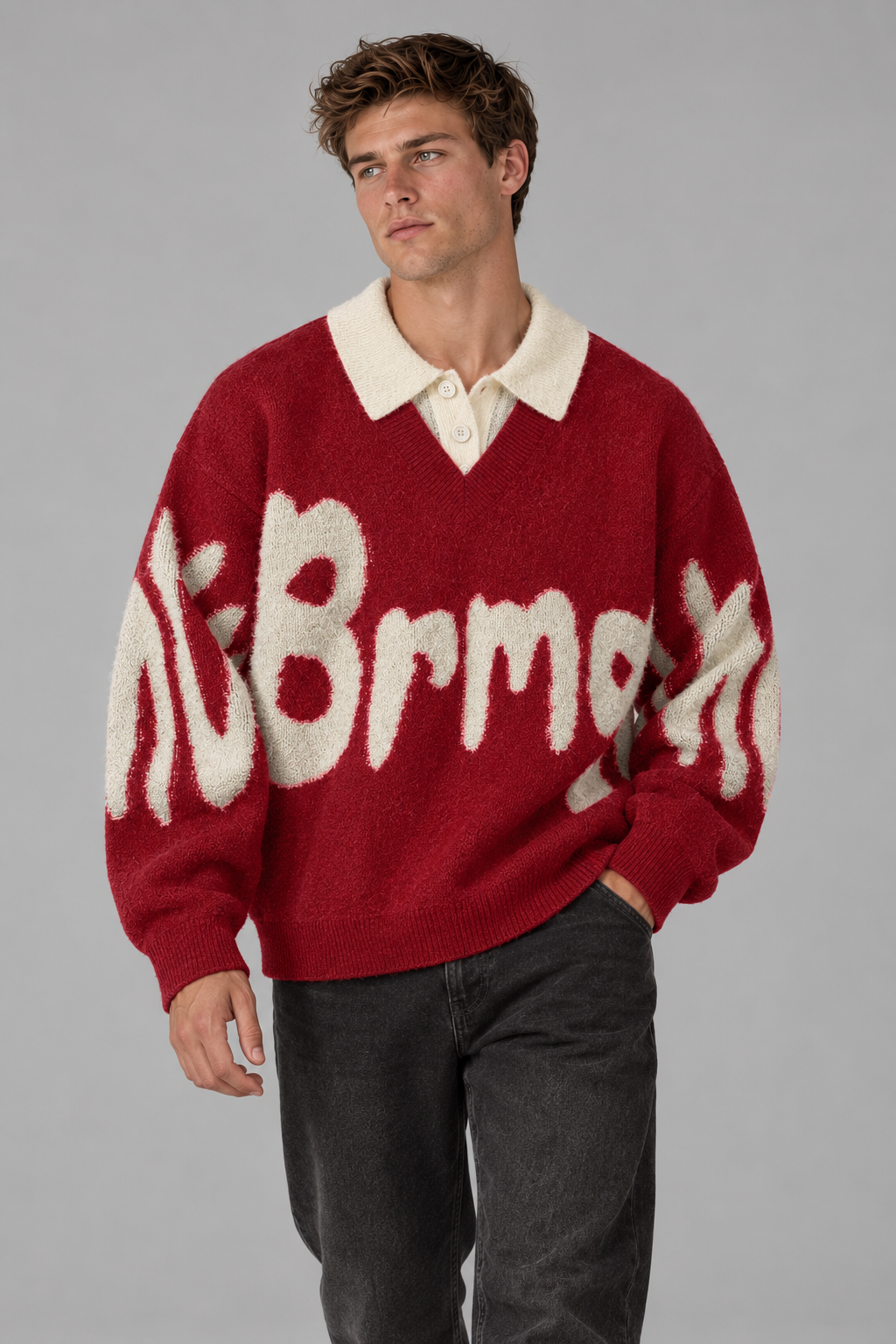 Color: Rot | Oversize Strickpullover mit Polokragen und Statement-Schriftzug – Ansicht 1