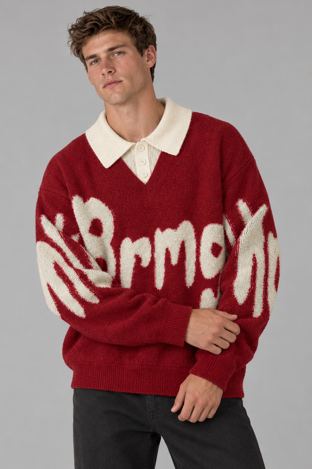 Color: Rot | Oversize Strickpullover mit Polokragen und Statement-Schriftzug – Ansicht 3