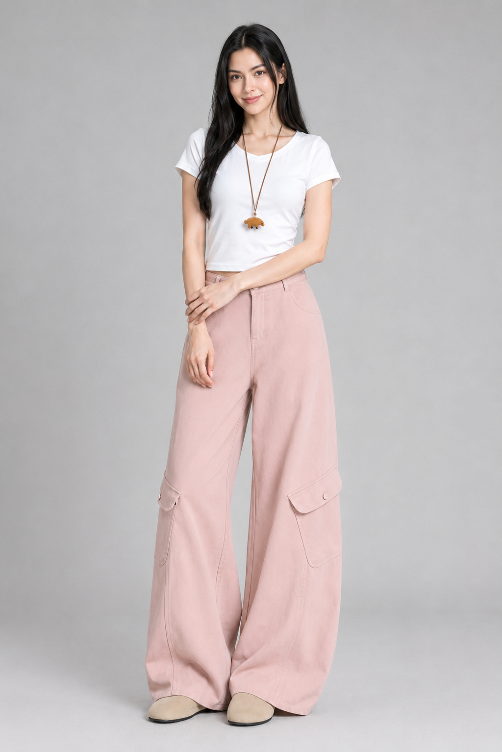 Color: Rosa | Damen High-Waist Wide-Leg Cargo-Hose, photo 8