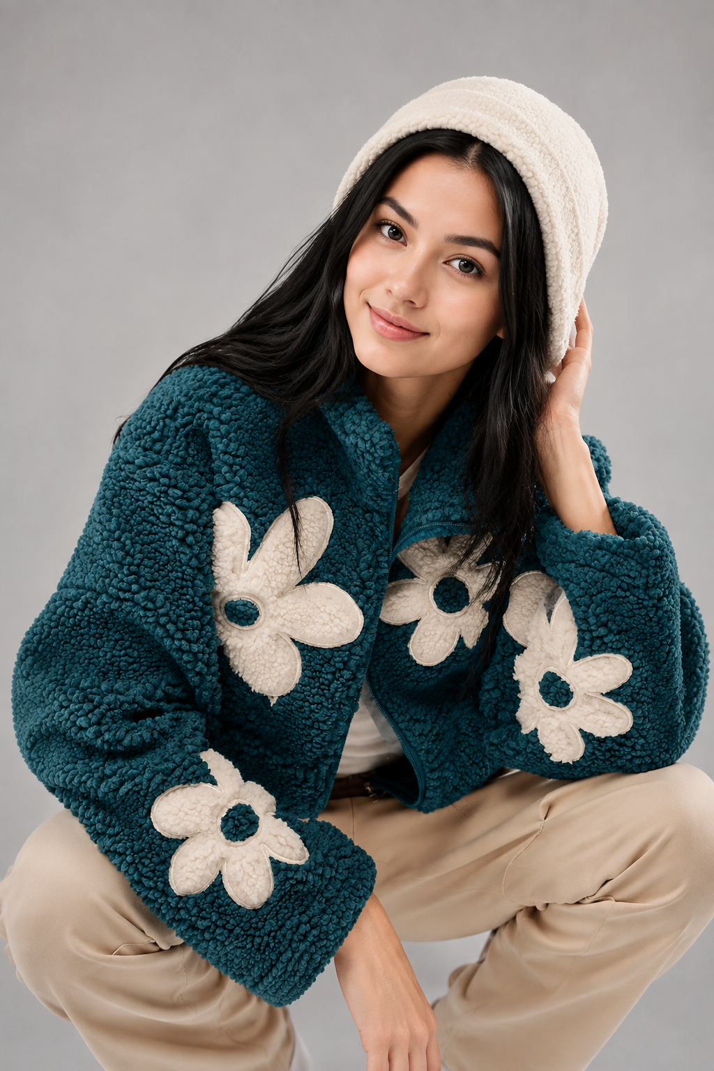 Color: Petrolblau / Deep Teal | Elara | Teddy-Jacke mit Blumen-Details, photo 3