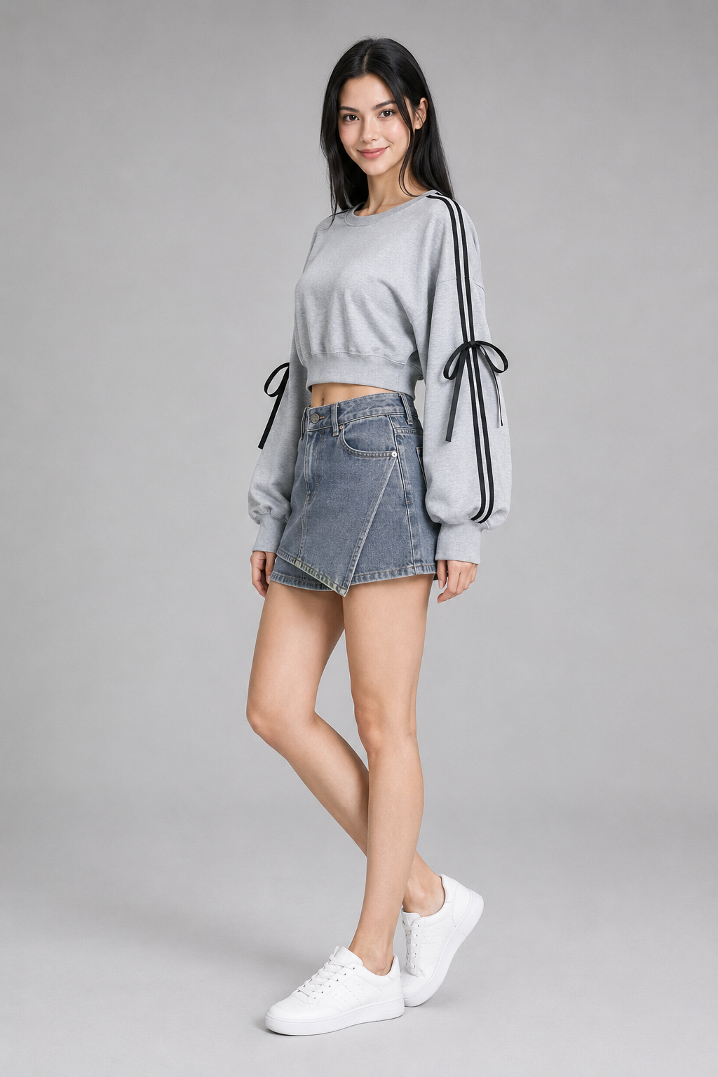 Color: Light Gray | Kurzes Sweatshirt mit Schleifen & Kontraststreifen, photo 2