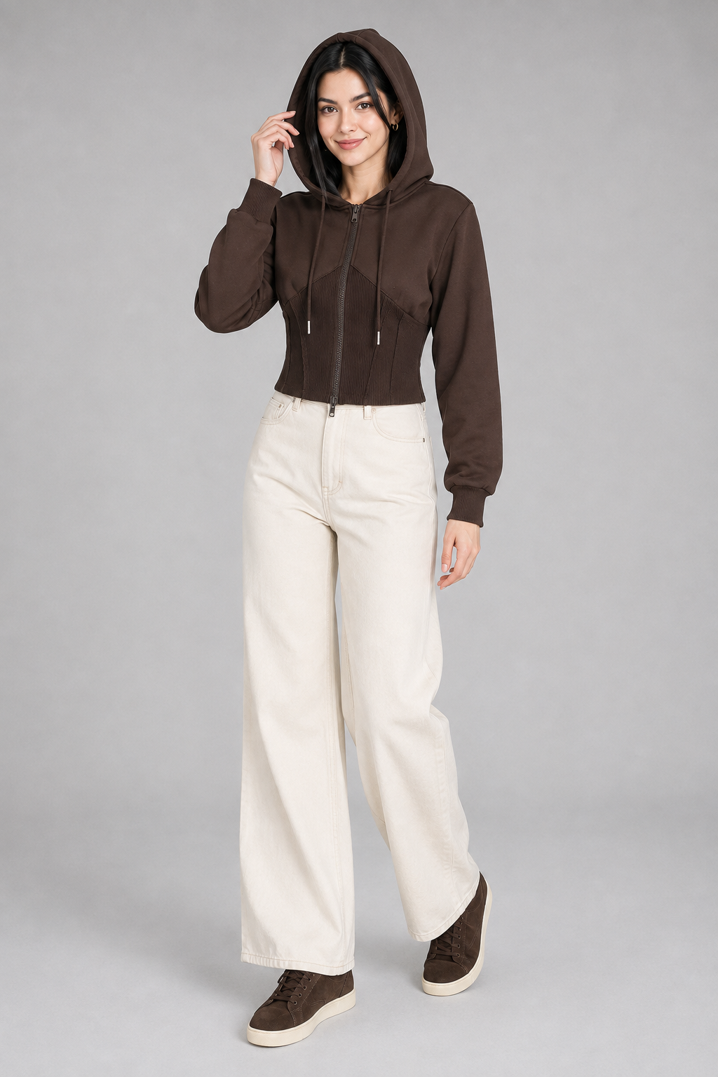 Color: Braun | Braune taillierte Kapuzenjacke mit Rippdetail, photo 1