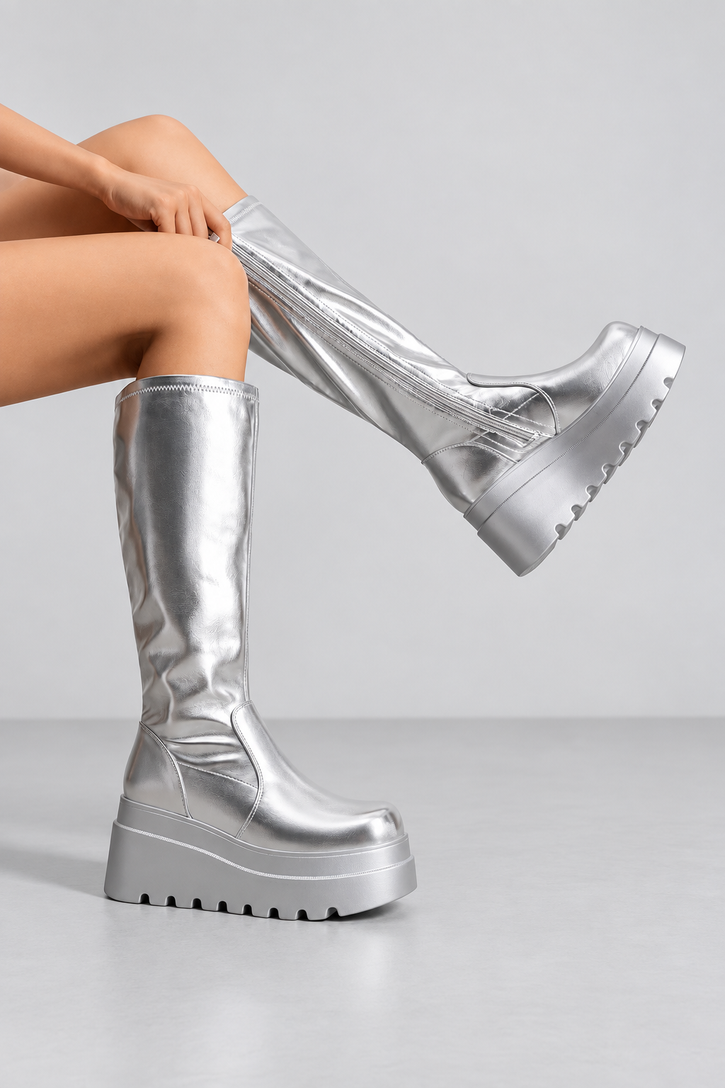 Silberne Plateau-Stiefel mit Keilabsatz