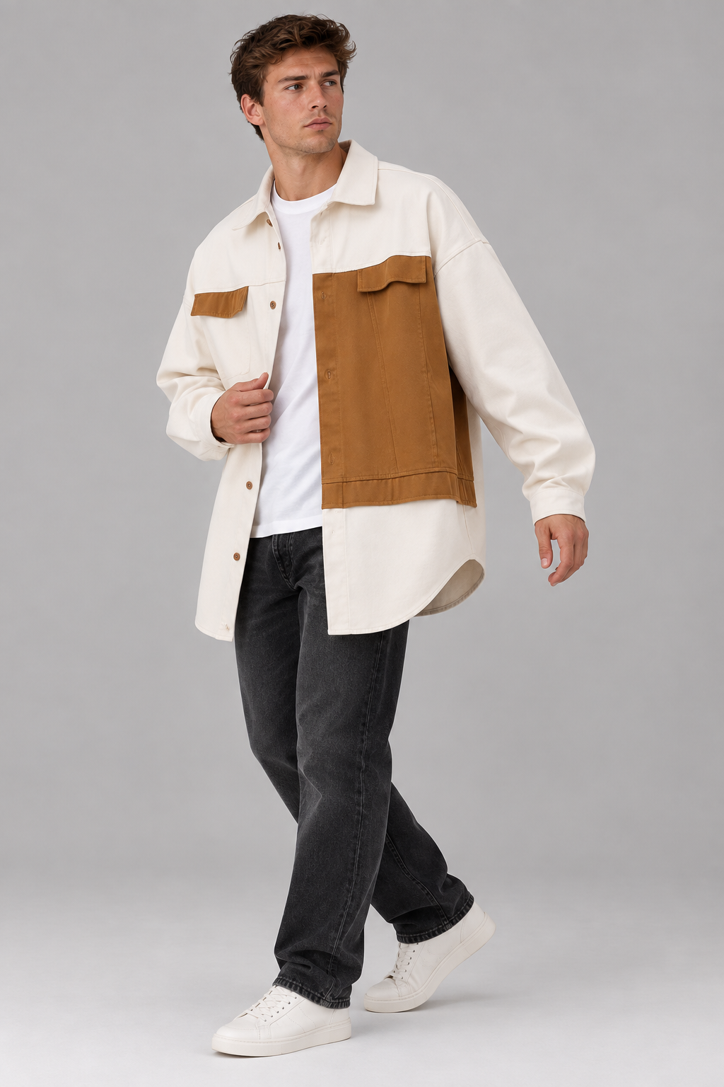 Herren Oversize-Hemdjacke im Colorblock-Design