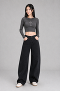 Color: Black | Damen High-Waist Wide-Leg Hose mit geschwungenen Nähten, photo 1