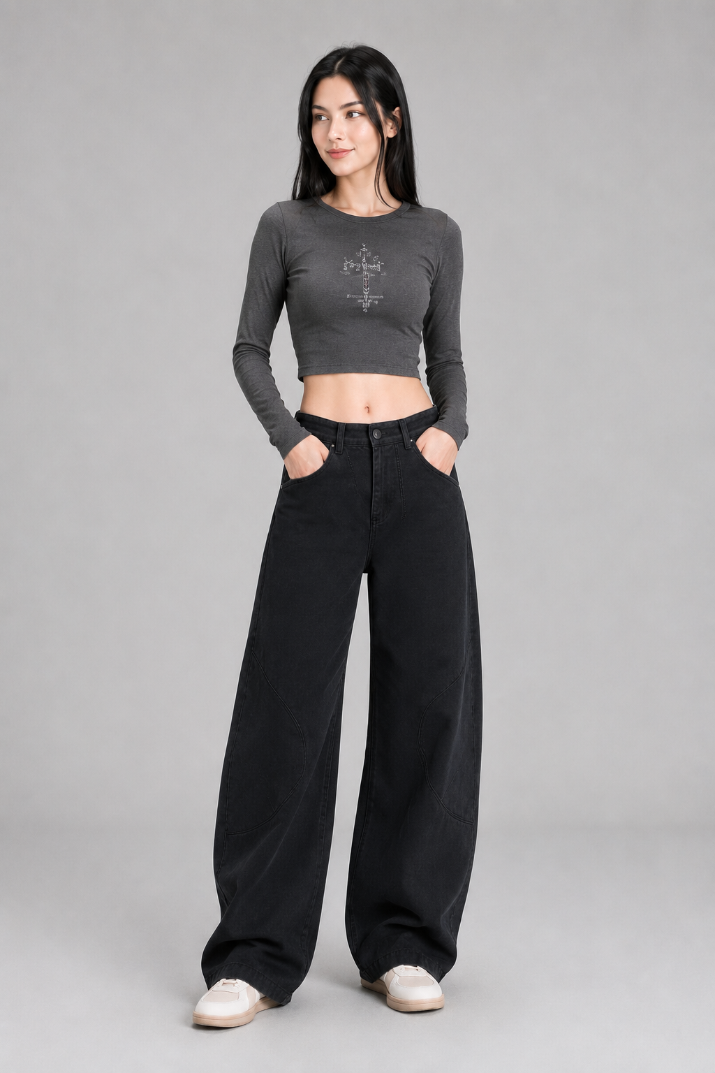 Color: Black | Damen High-Waist Wide-Leg Hose mit geschwungenen Nähten, photo 1
