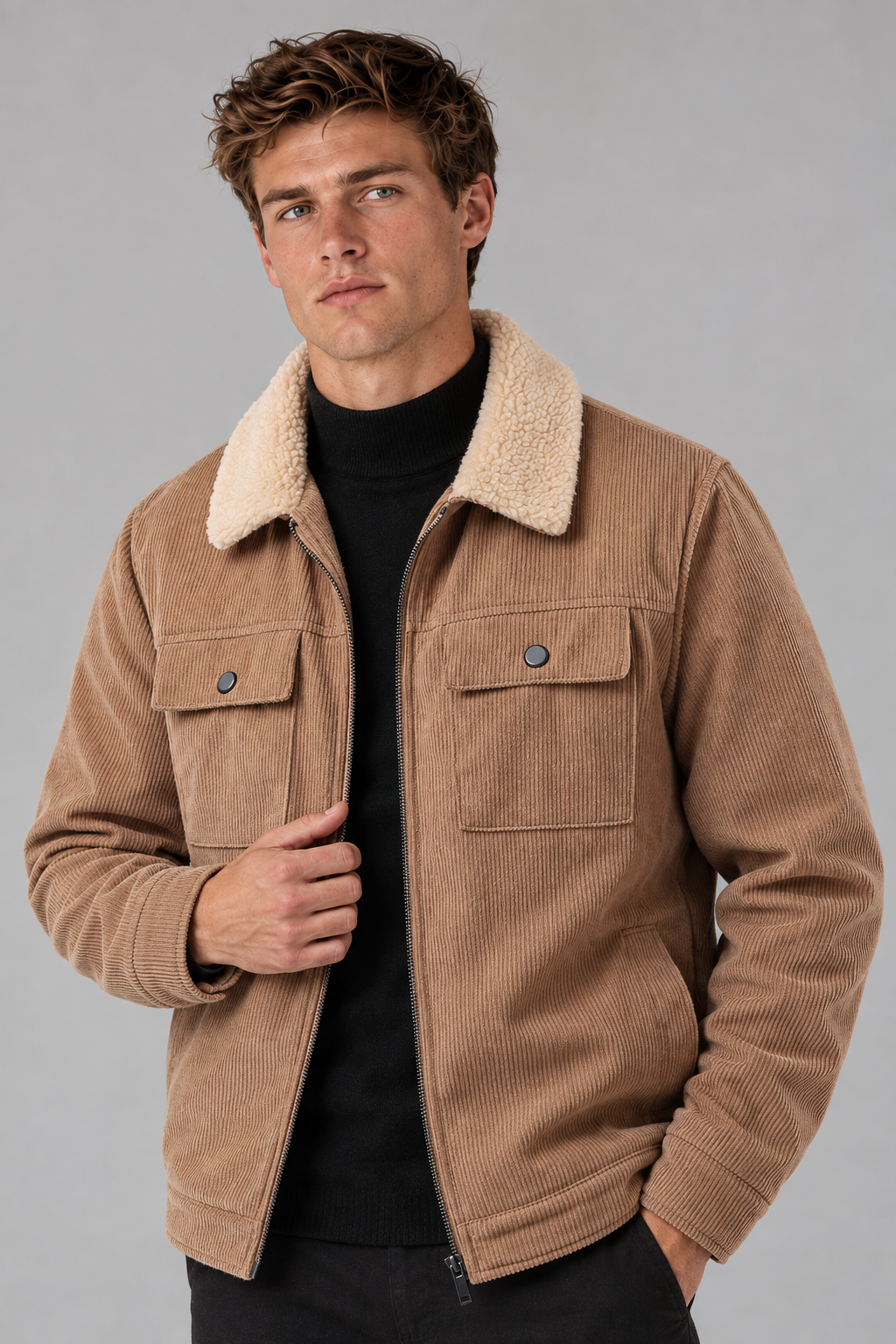 Color: Khaki | Gefütterte Herren Cordjacke mit Teddyfleece – Ansicht 3