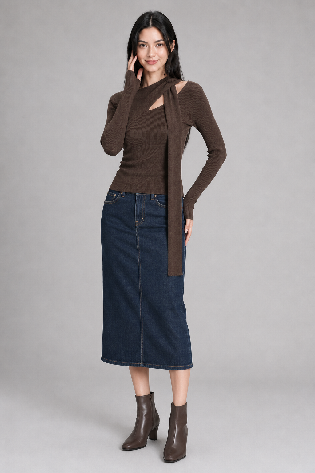Color: Braun | Tailliertes Stricktop mit asymmetrischem Ausschnitt, photo 4