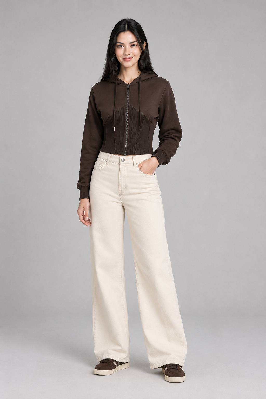 Color: Braun | Braune taillierte Kapuzenjacke mit Rippdetail, photo 2