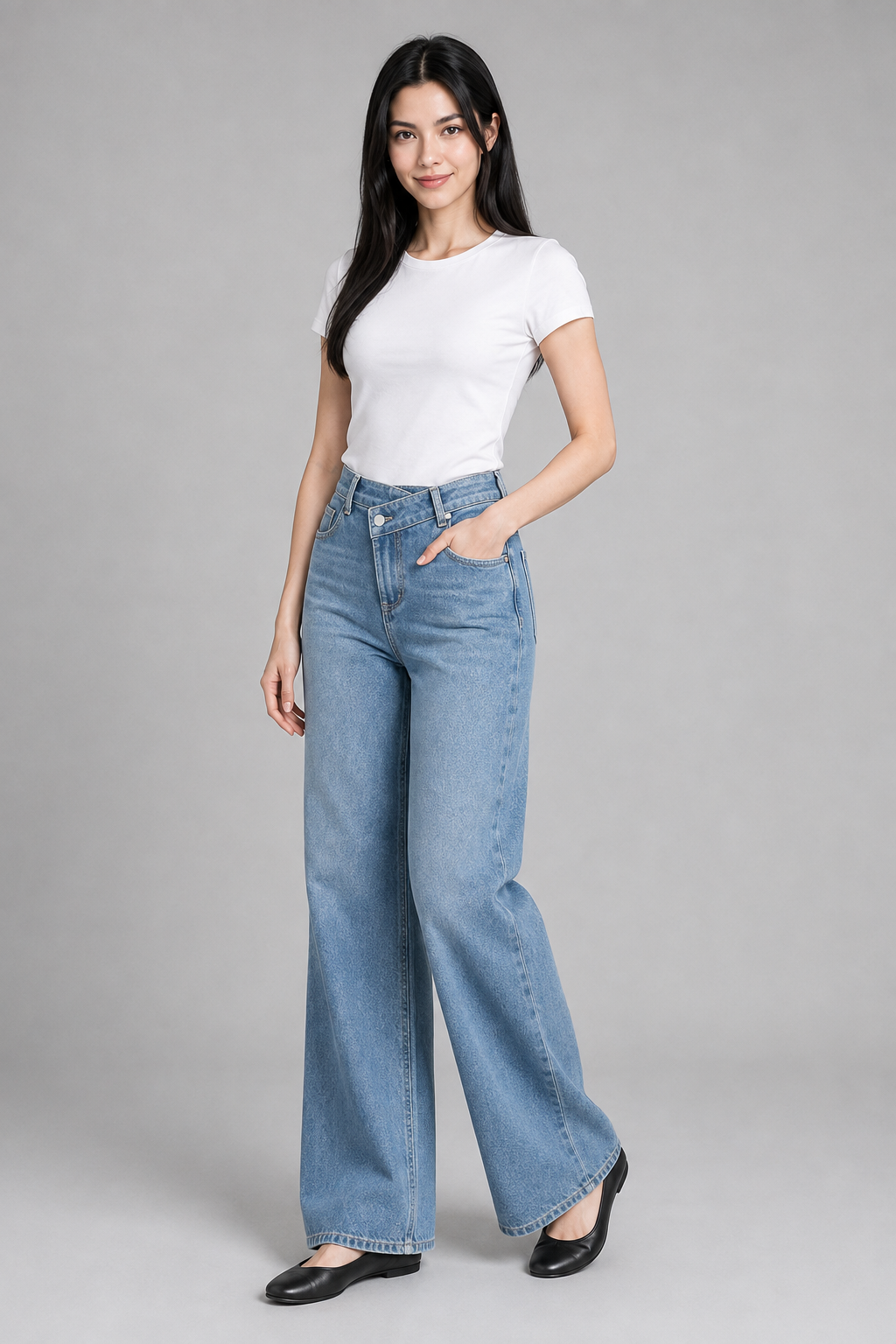 Color: Light Blue / Powder Blue | Damen Wide-Leg Jeans mit asymmetrischem Bund, photo 6
