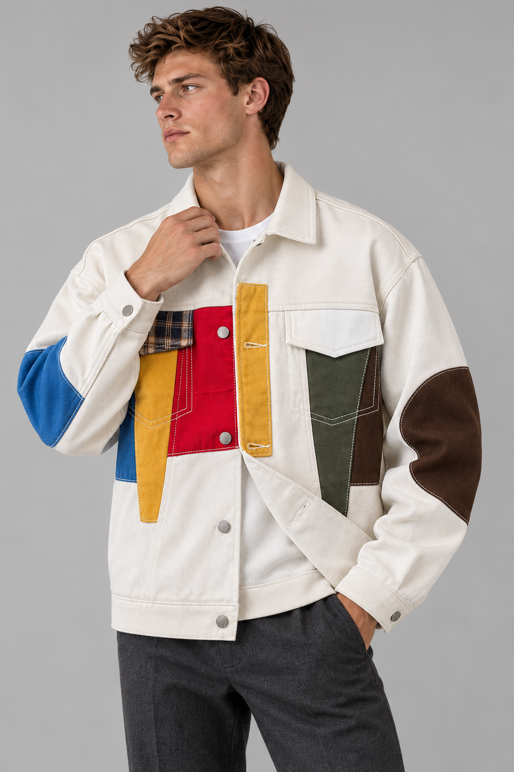 Oversize Jeansjacke mit Patchwork-Details