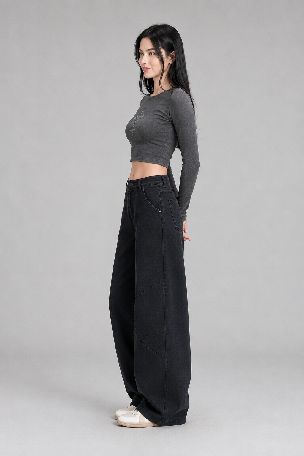 Color: Black | Damen High-Waist Wide-Leg Hose mit geschwungenen Nähten, photo 2