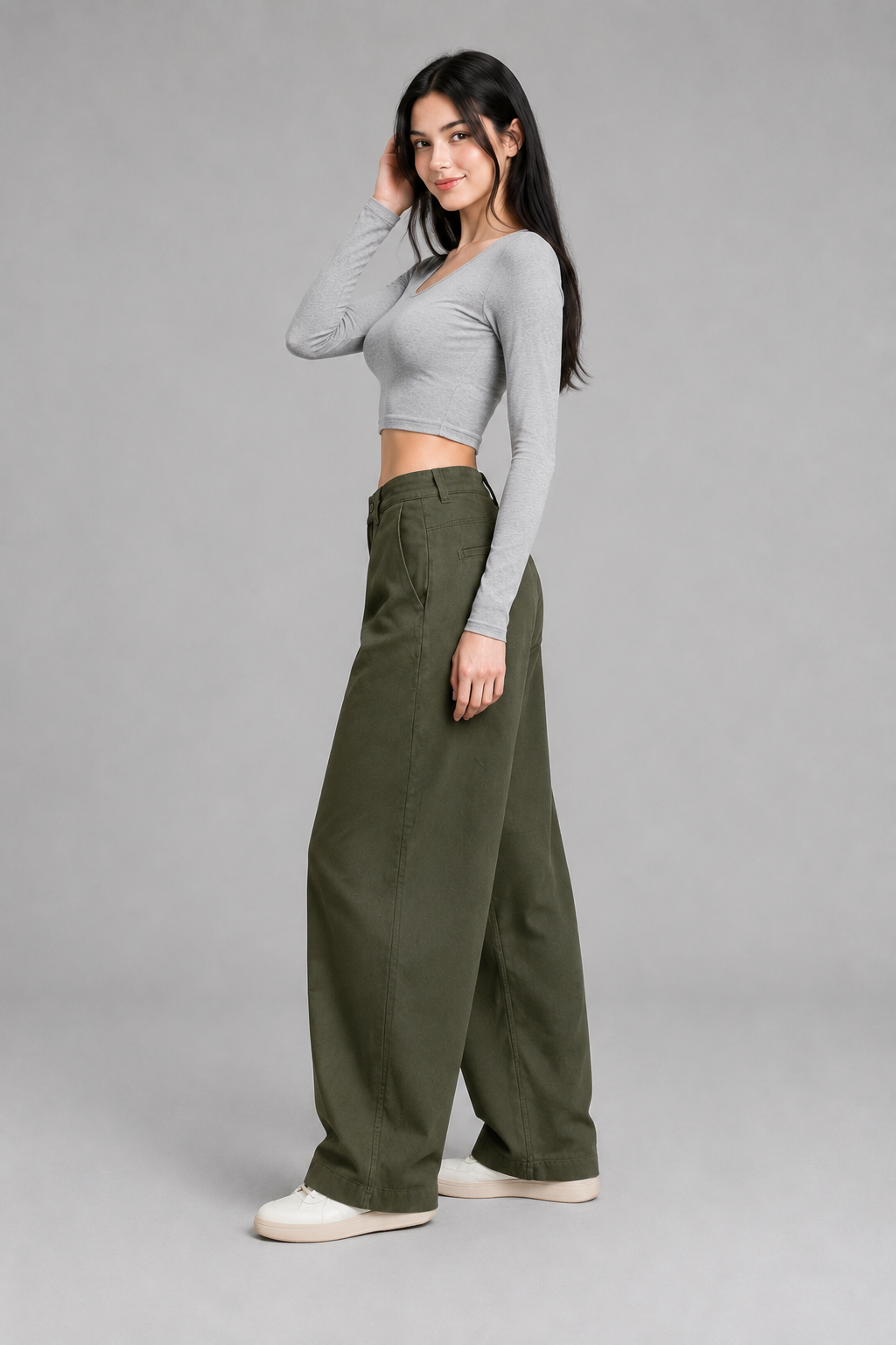 Color: Green | Damen High-Waist Wide-Leg Hose mit geschwungenen Nähten, photo 6