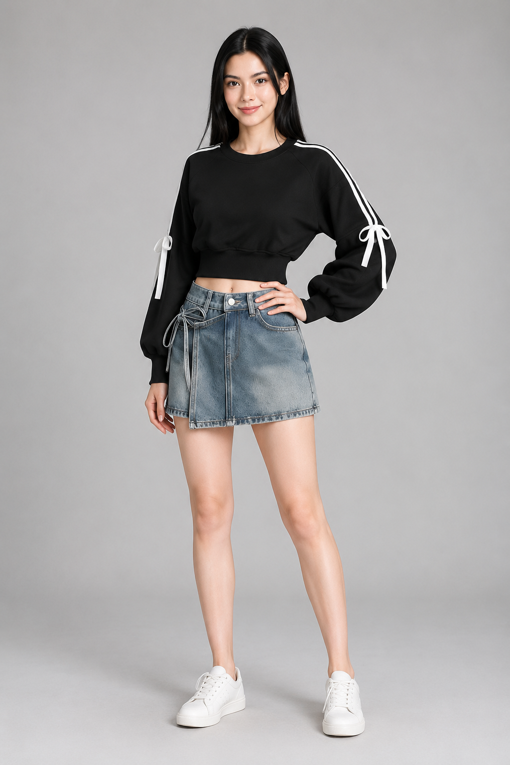 Color: Black | Kurzes Sweatshirt mit Schleifen-Details, photo 2