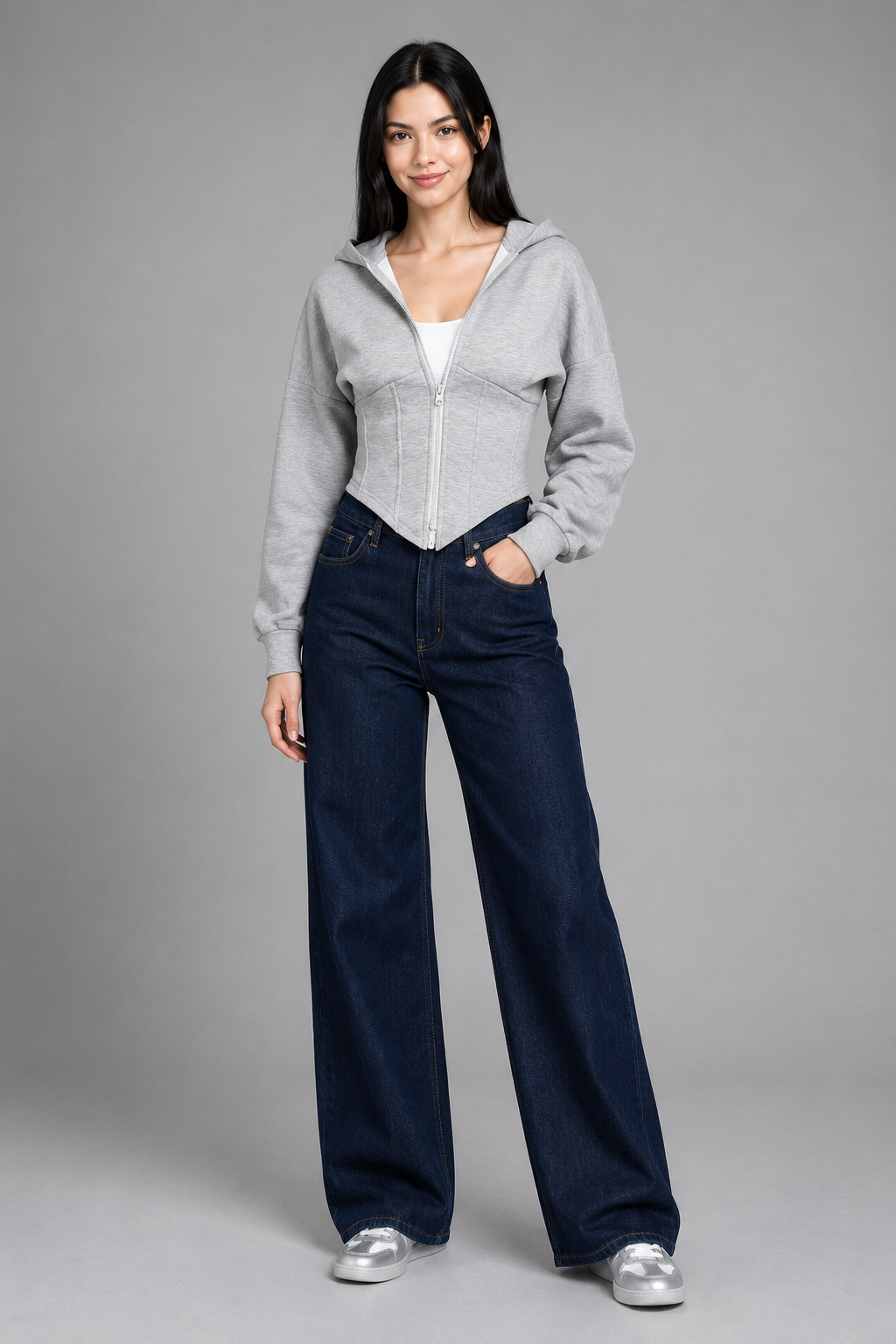 Color: Light Gray | Graue taillierte Crop-Sweatjacke mit Kapuze, photo 3